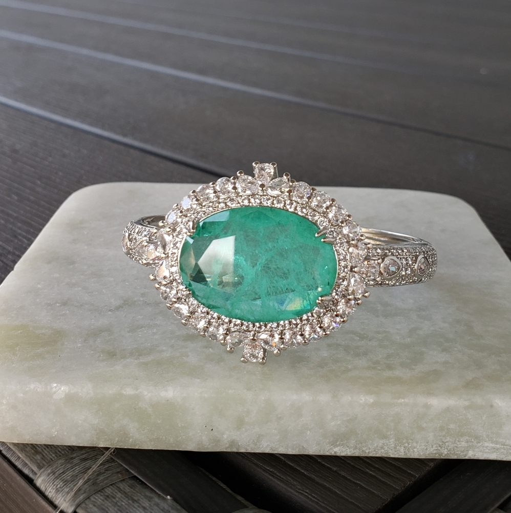 Real natural green blue tourmaline gemstone platinum plated bangle bracelet - Picture 3 of 6